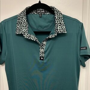 Bad Birdie Teal and Black Leopard Collar Short Sleeve Polo